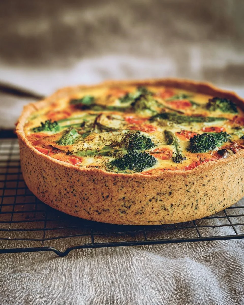 Tarte saumon-brocoli décorée avec des herbes fraîches