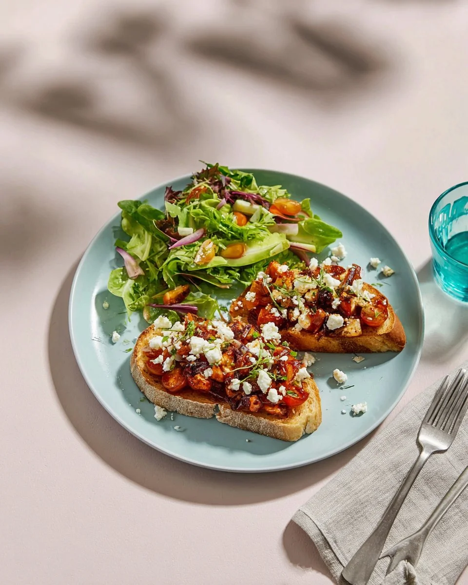 Tartines au fromage bleu avec lardons dorés et tranches de poire