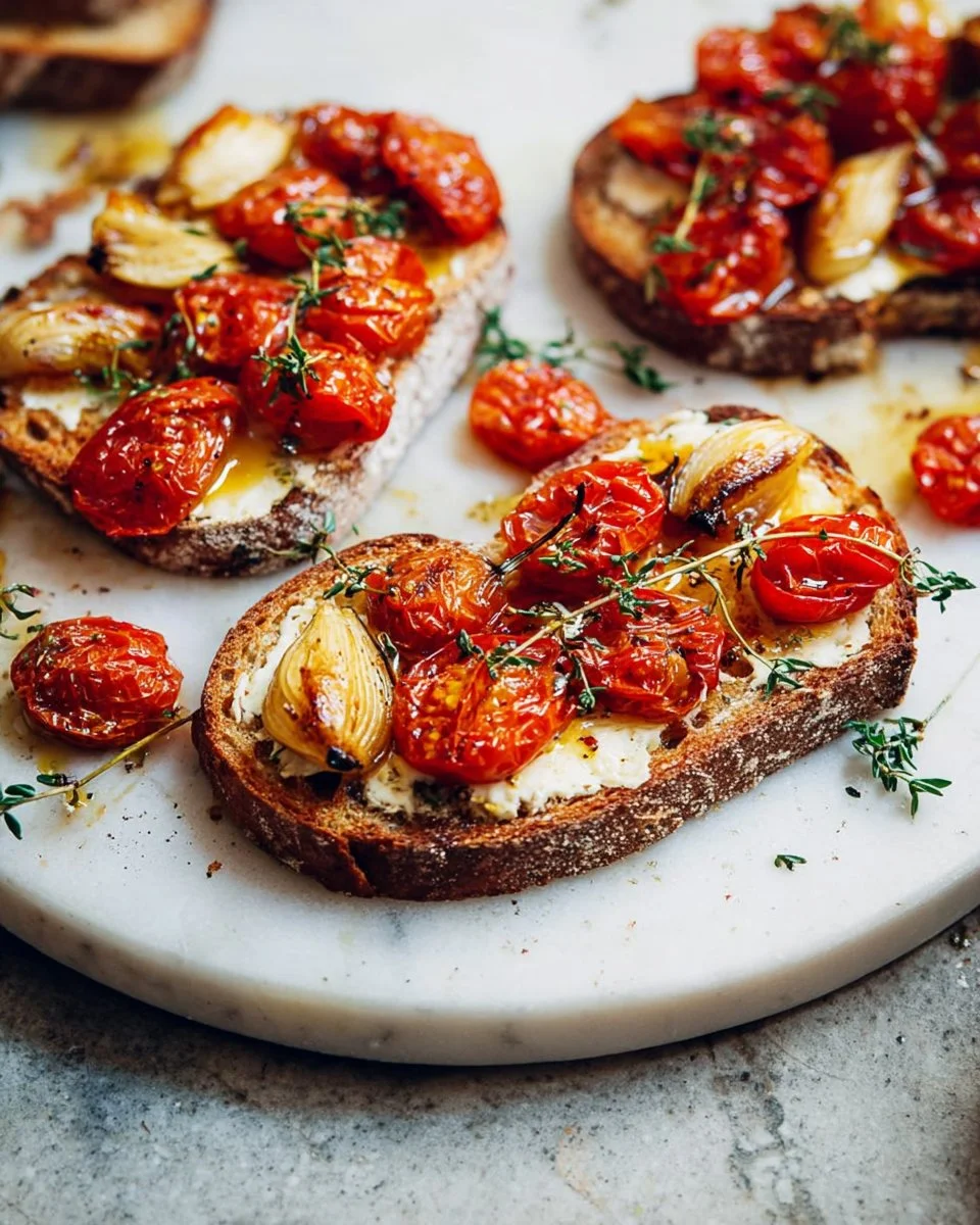 Tartines d'ail confit et tomates rôties
