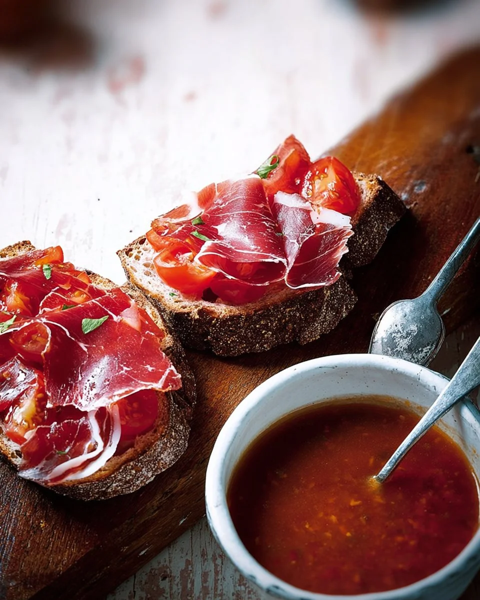 Tartines de pain frottées à la tomate et jambon cru