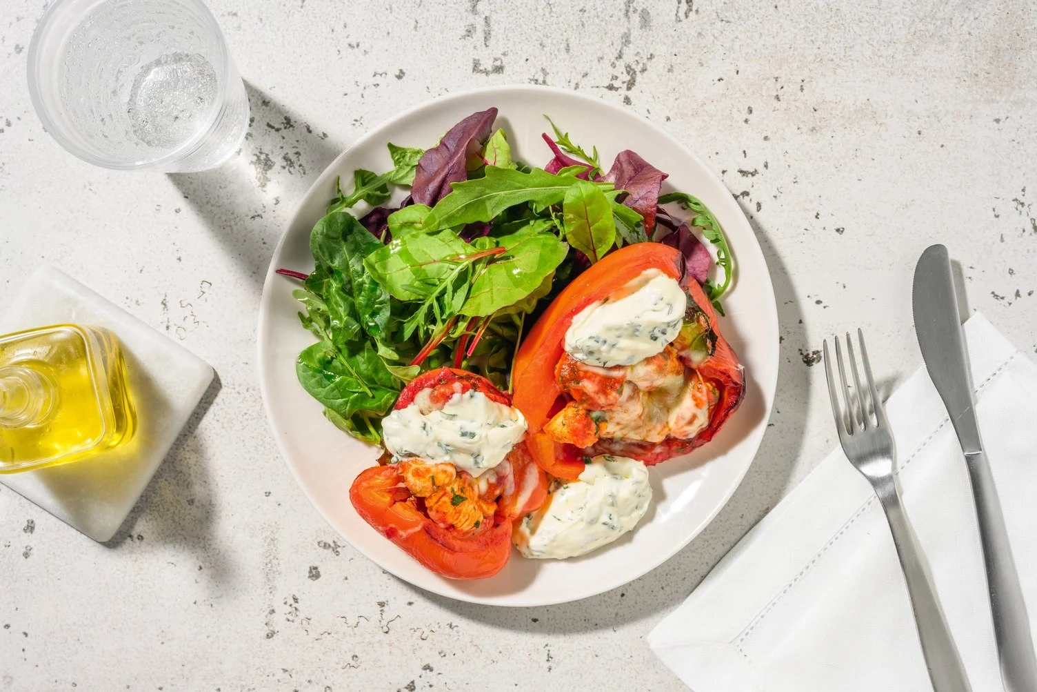Tex Mex Stuffed Peppers with Turkey and Cheddar with Cilantro Cream