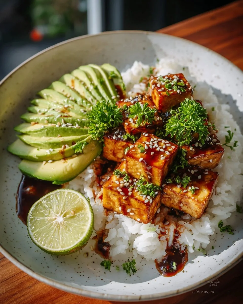 Tofu doré servi avec du riz et de l'avocat au citron