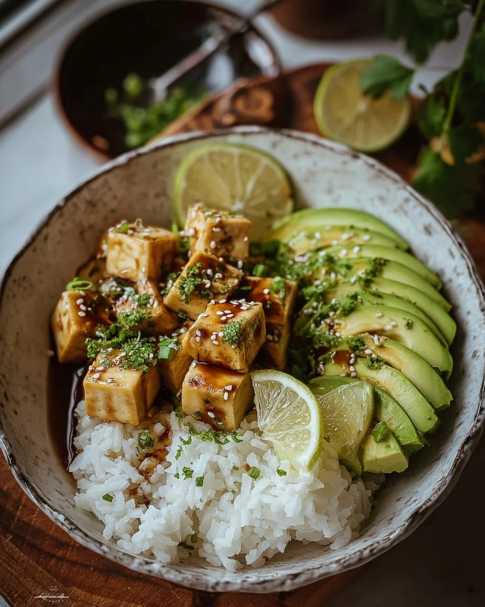 Tofu doré, riz et avocat au citron