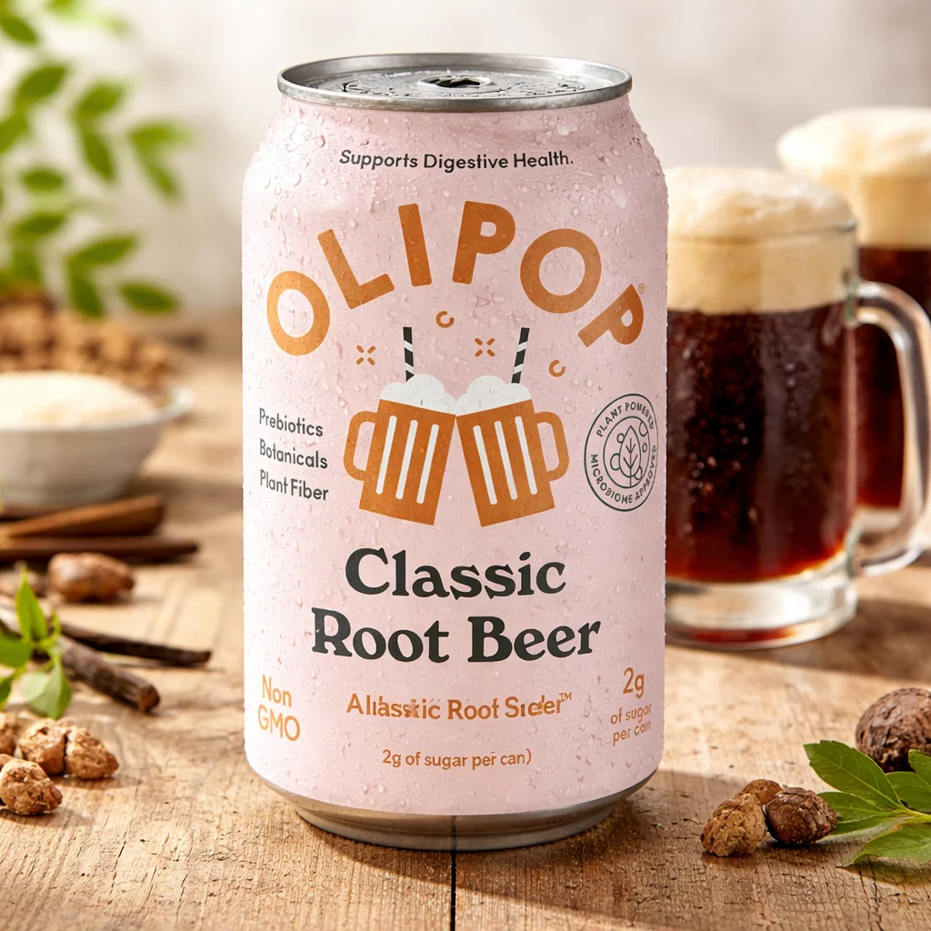 Soda Prébiotique Maison Olipop, boisson pétillante sans calorie, riche en prébiotiques et délicieuse.